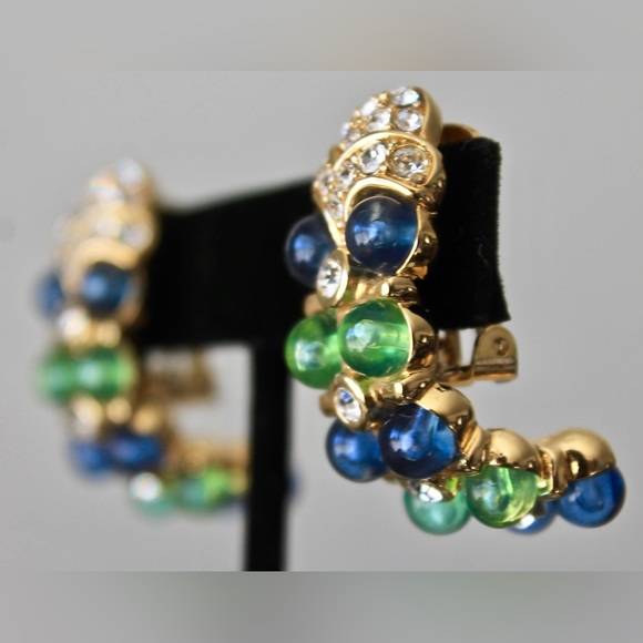 NOLAN MILLER EARRINGS CLIP ON GREEN BLUE VINTAGE 1980’s GOLD - Picture 3 of 8